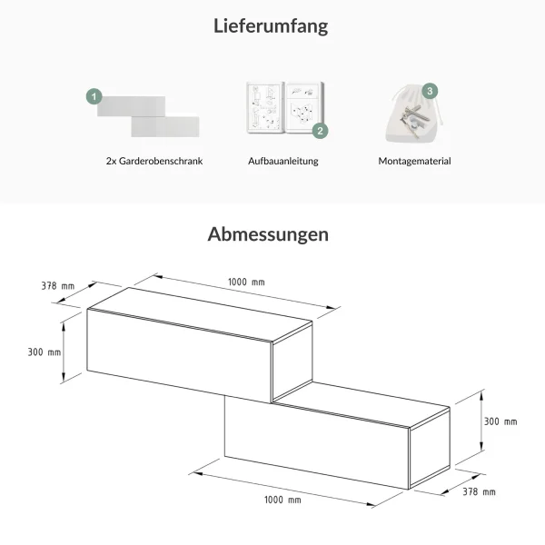 Flur Möbel Garderobe 2x Hängeschrank 100 cm weiß