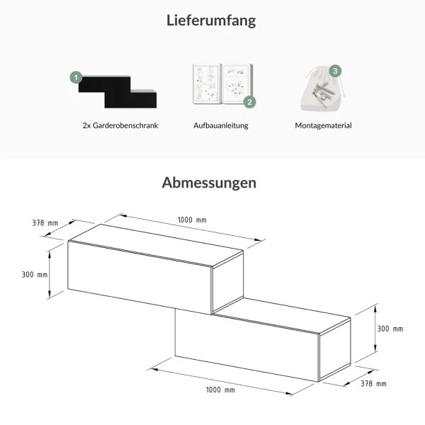 Flur Möbel Garderobe 2x Hängeschrank 100 cm Schwarz