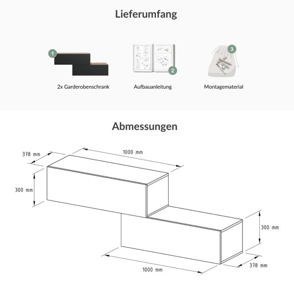 Flur Möbel Garderobe 2x Hängeschrank 100 cm Gold Eiche / Anthrazit