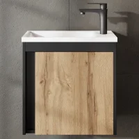 Meuble-lavabo avec vasque, noir mat / chêne Wotan,...