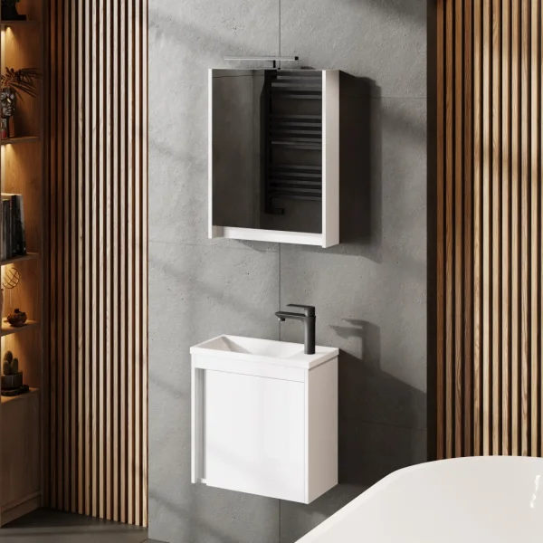 Ensemble de meubles de salle de bains avec meuble-lavabo, vasque et armoire de toilette à LED de 50 cm, plusieurs coloris disponibles