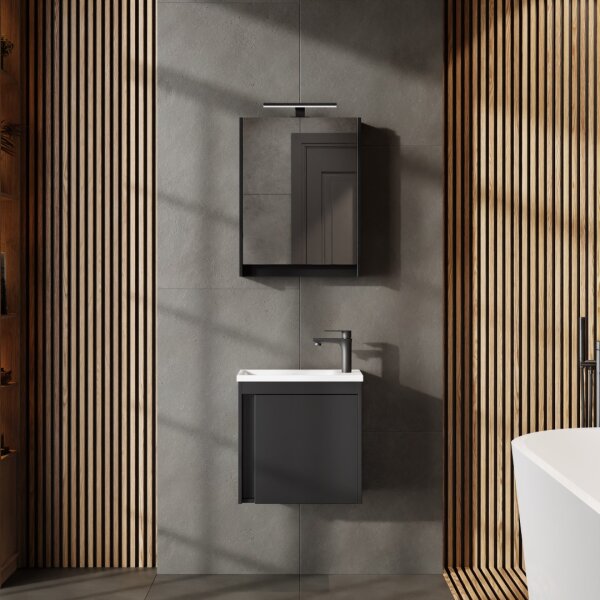 Badmöbel Set mit Waschtisch inkl. Waschbecken und LED-Spiegelschrank Schwarz matt 50 cm