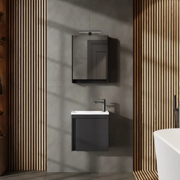 Ensemble de meubles de salle de bains avec meuble-lavabo, lavabo et armoire de toilette à LED, noir mat, 50 cm