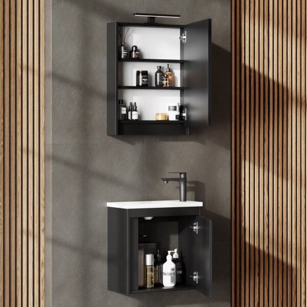 Badmöbel Set mit Waschtisch inkl. Waschbecken und LED-Spiegelschrank Schwarz matt 50 cm