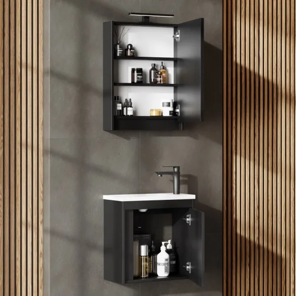 Ensemble de meubles de salle de bains avec meuble-lavabo, lavabo et armoire de toilette à LED, noir mat, 50 cm