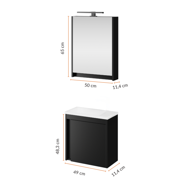Badmöbel Set mit Waschtisch inkl. Waschbecken und LED-Spiegelschrank Schwarz matt 50 cm