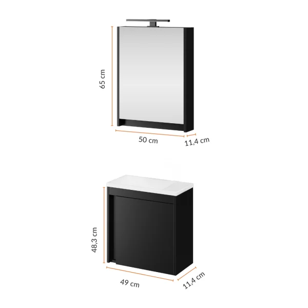 Ensemble de meubles de salle de bains avec meuble-lavabo, lavabo et armoire de toilette à LED, noir mat, 50 cm