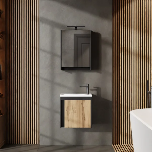 Ensemble de meubles de salle de bains avec meuble-lavabo, lavabo et armoire de toilette à éclairage LED, noir mat / chêne Wotan, 50 cm