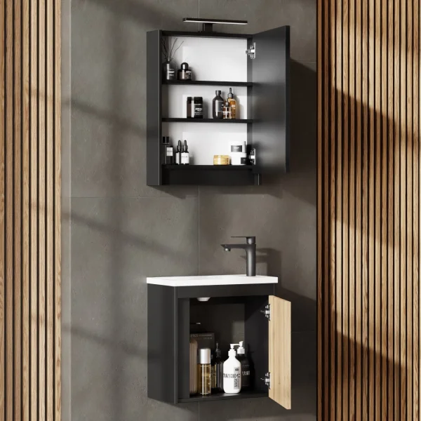 Ensemble de meubles de salle de bains avec meuble-lavabo, lavabo et armoire de toilette à éclairage LED, noir mat / chêne Wotan, 50 cm