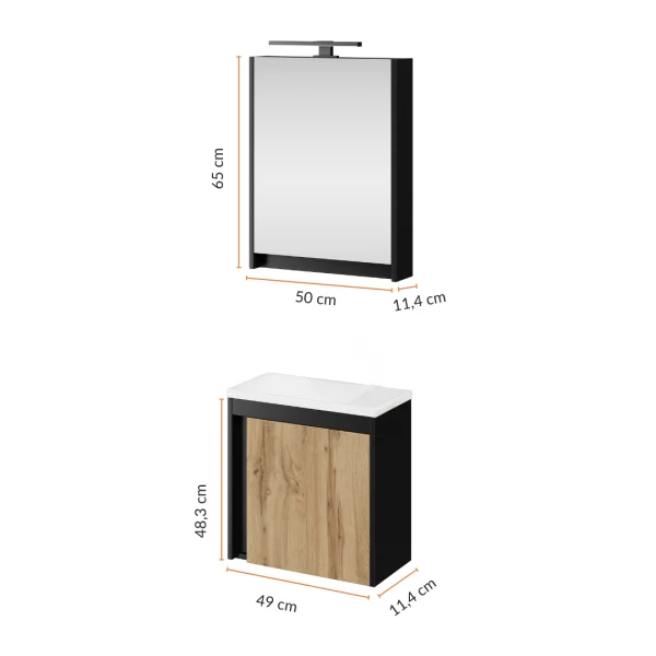 Ensemble de meubles de salle de bains avec meuble-lavabo, lavabo et armoire de toilette à éclairage LED, noir mat / chêne Wotan, 50 cm