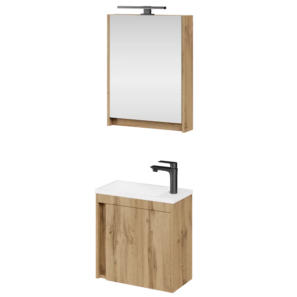 Badmöbel Set mit Waschtisch inkl. Waschbecken und LED-Spiegelschrank Wotan Eiche 50 cm