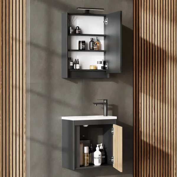 Bathroom furniture set with vanity unit, including sink and LED mirror cabinet, Matte Gray / Wotan Oak, 50 cm