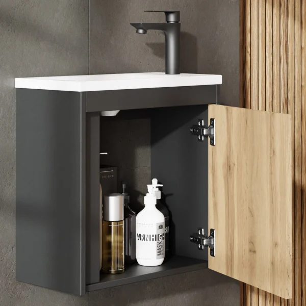 Bathroom furniture set with vanity unit, including sink and LED mirror cabinet, Matte Gray / Wotan Oak, 50 cm