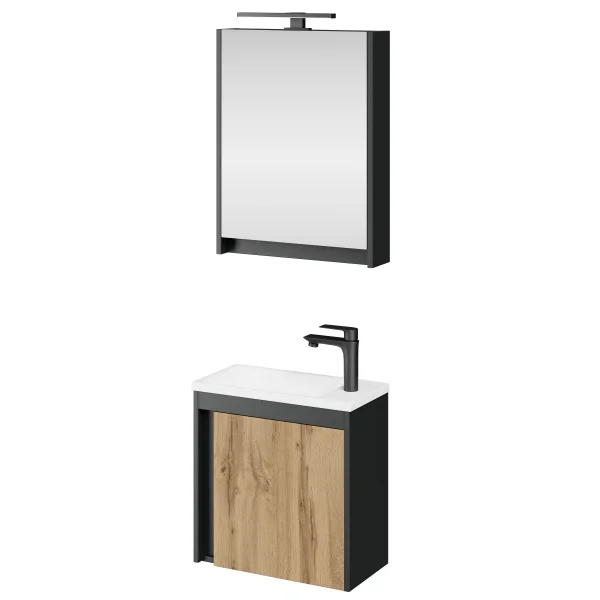 Bathroom furniture set with vanity unit, including sink and LED mirror cabinet, Matte Gray / Wotan Oak, 50 cm