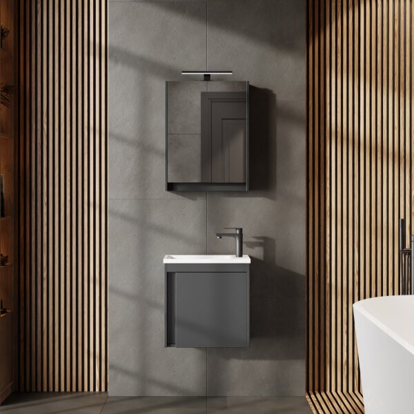 Badmöbel Set mit Waschtisch inkl. Waschbecken und LED-Spiegelschrank Grau matt 50 cm