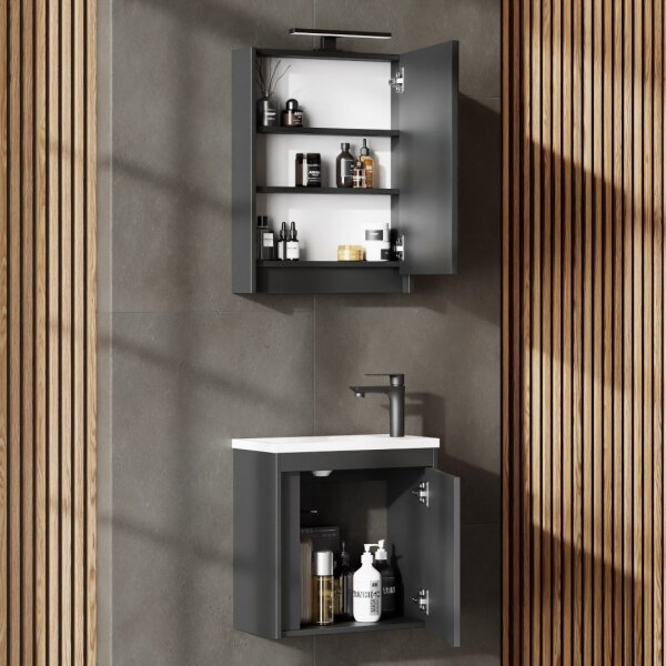 Badmöbel Set mit Waschtisch inkl. Waschbecken und LED-Spiegelschrank Grau matt 50 cm
