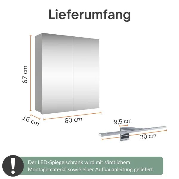 Spiegelschrank Merkur, weißgrau, 60 cm, mit LED-Leuchte in chrom