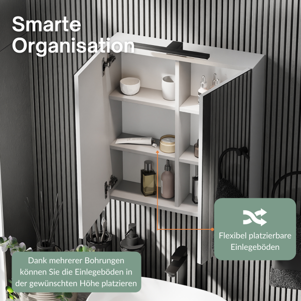 Spiegelschrank Merkur, weißgrau, 60 cm, mit LED-Leuchte in schwarz