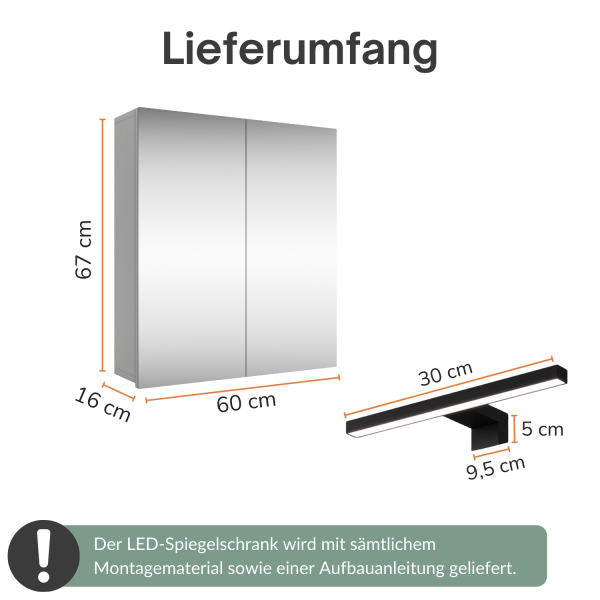 Spiegelschrank Merkur, weißgrau, 60 cm, mit LED-Leuchte in schwarz
