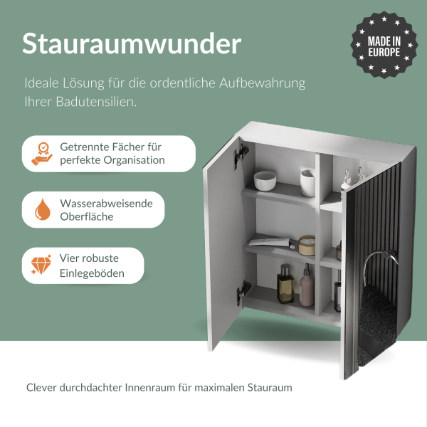 Spiegelschrank Merkur, weißgrau, 60 cm, mit LED-Leuchte in schwarz