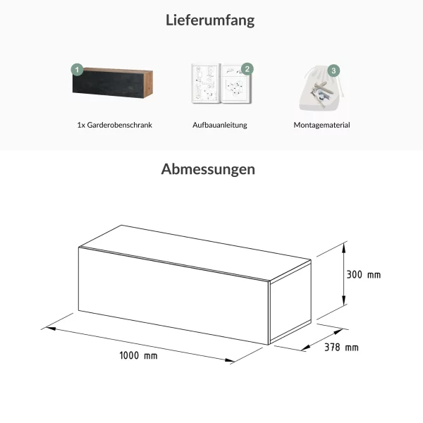 Flur Möbel Garderobe Hängeschrank 100 cm Gold Eiche / Schwarz Charcoal