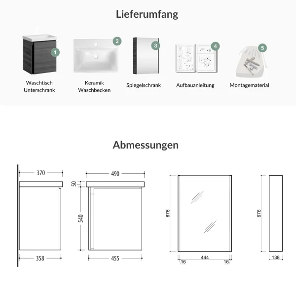 Badmöbel-Set mit Spiegelschrank 50cm (Anthrazit)