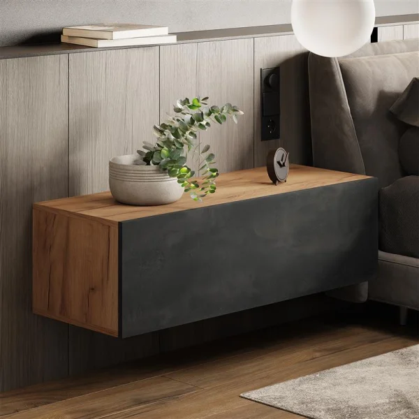 Bedroom nightstand cabinet 100 cm gold oak / black charcoal