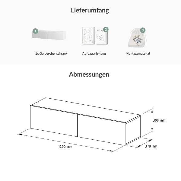 Flur Möbel Garderobe Hängeschrank 140cm einzeln weiß