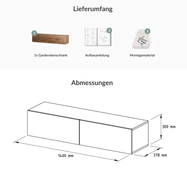 Flur Möbel Garderobe Hängeschrank 140cm einzeln Gold Eiche