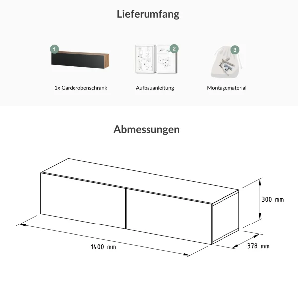 Flur Möbel Garderobe Hängeschrank 140cm einzeln Gold Eiche / Anthrazit