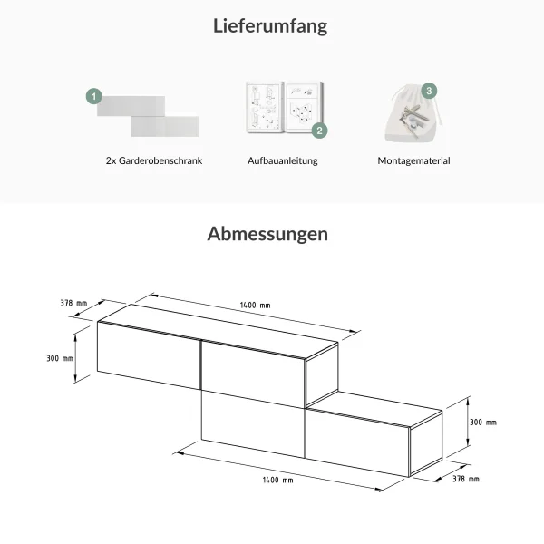 Flur Möbel Garderobe Hängeschrank 140cm doppelt weiß