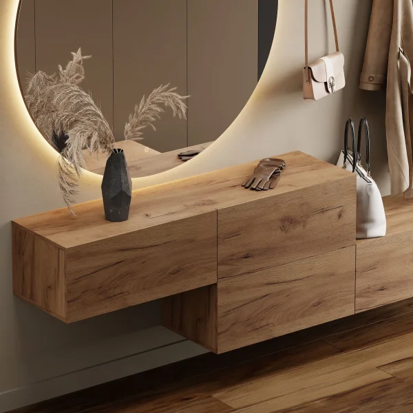 Meuble dentrée, penderie murale 140 cm, double, chêne doré