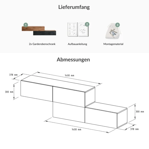 Mobili per lingresso - Appendiabiti a muro doppio da 140 cm, rovere dorato / nero carbone - rovere dorato
