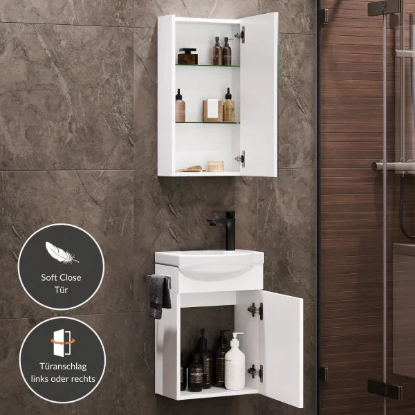 Badmöbel Set mit Waschtisch inkl. Waschbecken und Spiegelschrank 40 cm, weiß