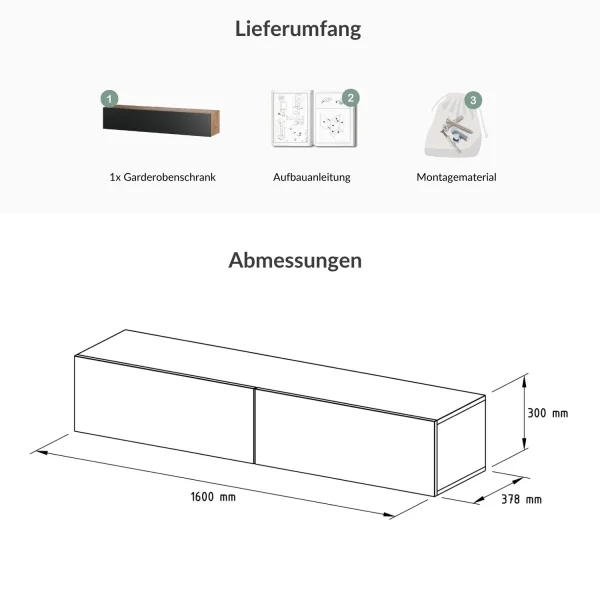 Flur Möbel Garderobe Hängeschrank 160cm einzeln Gold Eiche / Anthrazit