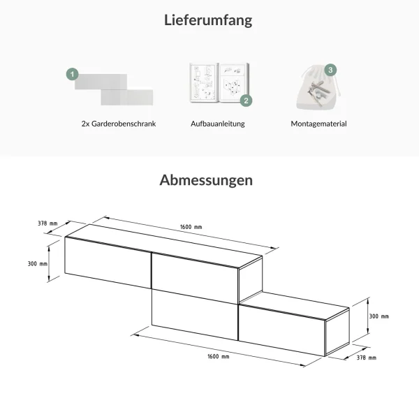 Flur Möbel Garderobe Hängeschrank 160cm doppelt weiß