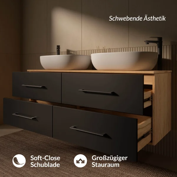 Meuble sous-lavabo LUX 140 cm, chêne doré / anthracite, avec 2 lavabos blancs