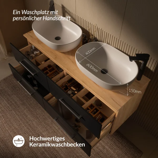 Meuble sous-lavabo LUX 140 cm, chêne doré / anthracite, avec 2 lavabos blancs