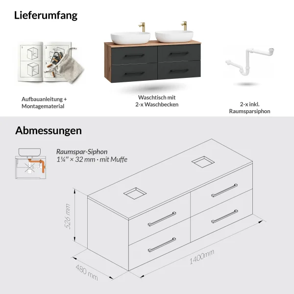 Meuble sous-lavabo LUX 140 cm, chêne doré / anthracite, avec 2 lavabos blancs