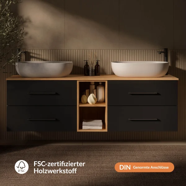 Meuble sous-lavabo LUX 170 cm, chêne doré / anthracite, avec 2 lavabos blancs