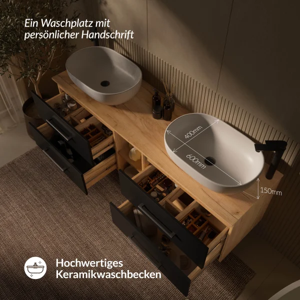 Meuble sous-lavabo LUX 170 cm, chêne doré / anthracite, avec 2 lavabos blancs