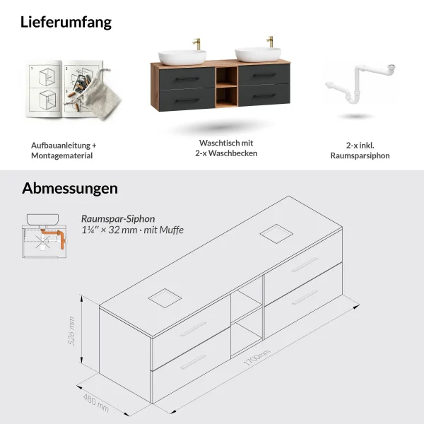 Meuble sous-lavabo LUX 170 cm, chêne doré / anthracite, avec 2 lavabos blancs