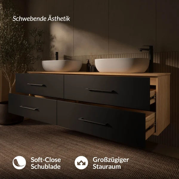 Waschtischunterschrank LUX 180 cm Gold Eiche / Anthrazit mit 2x Waschbecken weiß