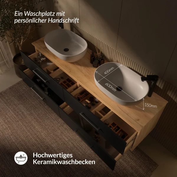 Waschtischunterschrank LUX 180 cm Gold Eiche / Anthrazit mit 2x Waschbecken weiß