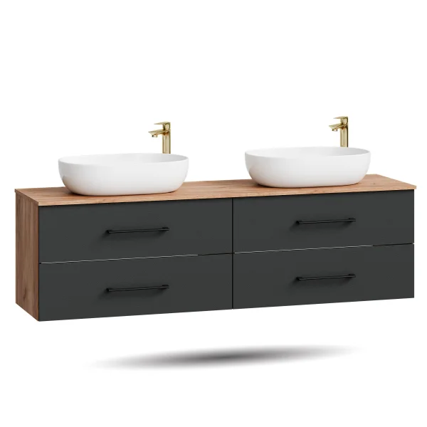 Waschtischunterschrank LUX 180 cm Gold Eiche / Anthrazit mit 2x Waschbecken weiß