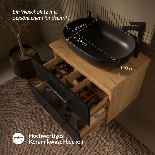 Mueble bajo para lavabo LUX de 70 cm, roble dorado / antracita, con lavabo negro