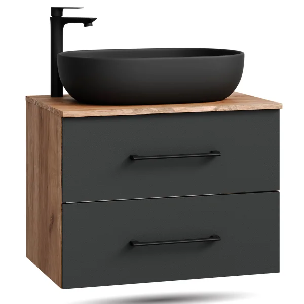Mueble bajo para lavabo LUX de 70 cm, roble dorado / antracita, con lavabo negro