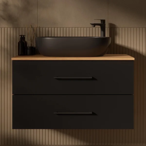 LUX 90 cm Vanity Cabinet in Gold Oak / Anthracite with Black Sink