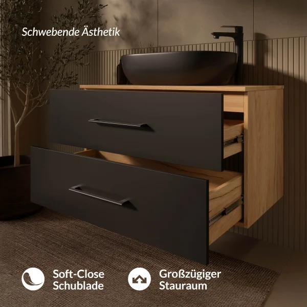 LUX 90 cm Vanity Cabinet in Gold Oak / Anthracite with Black Sink