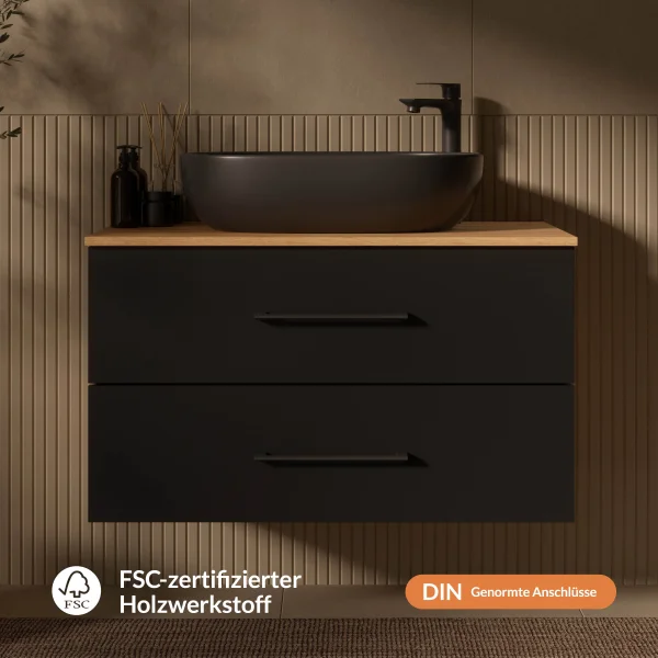 LUX 90 cm Vanity Cabinet in Gold Oak / Anthracite with Black Sink